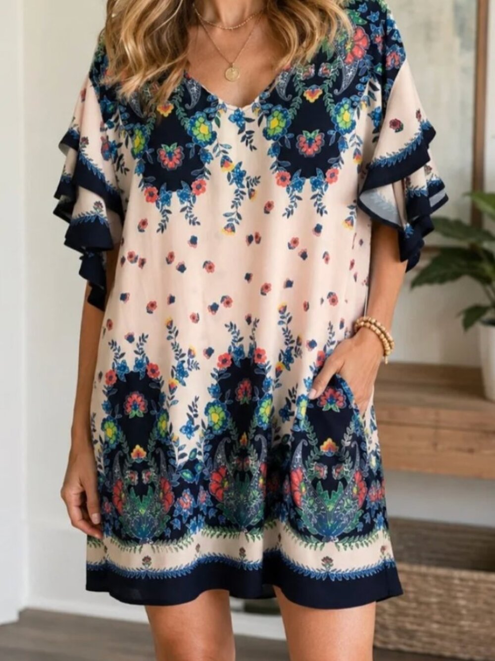 Umgee Floral V-neck Midi Dress, M, Ruffled Sleeve, Boho, Like New, EUC